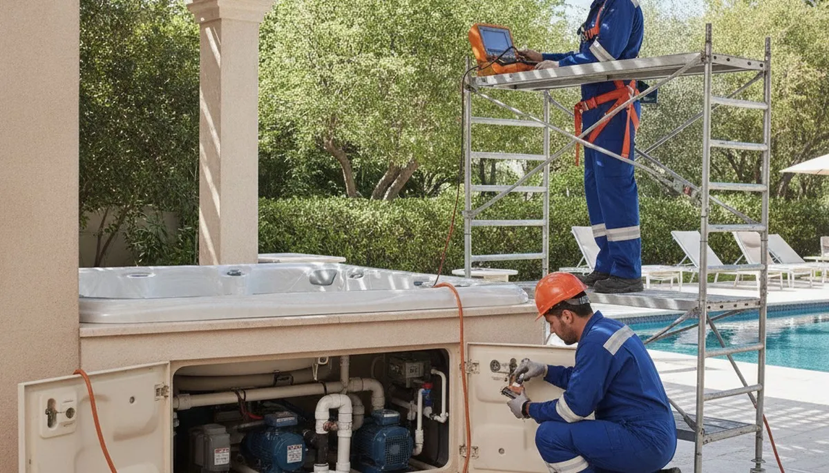 Spa repair technician servicing a spa in Wellesley, MA for On Call Plumbers